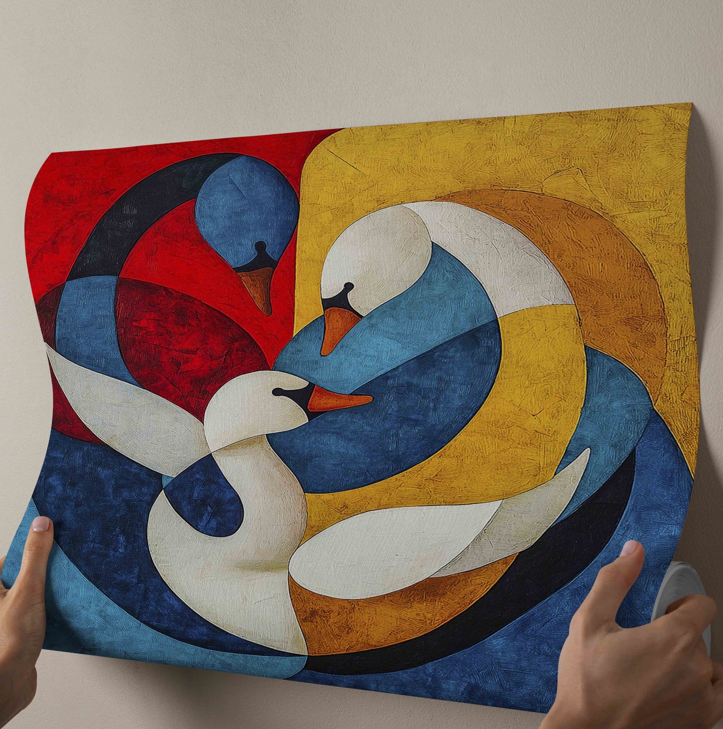 Vibrant Union: Abstract Geometric Swans Canvas Painting – Cubist Style Wall Art