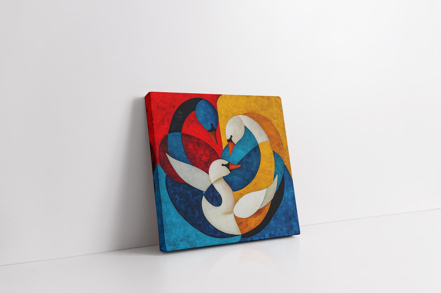 Vibrant Union: Abstract Geometric Swans Canvas Painting – Cubist Style Wall Art