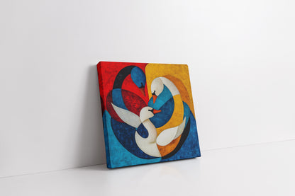 Vibrant Union: Abstract Geometric Swans Canvas Painting – Cubist Style Wall Art