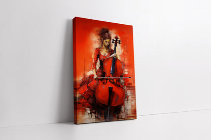 Fiery Cellist: Vibrant Red Abstract Oil Painting on Canvas
