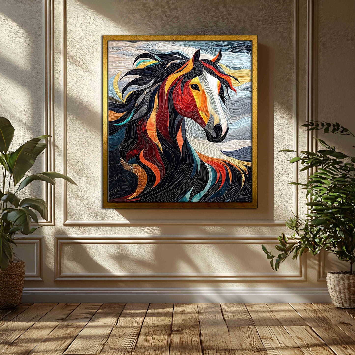Fiery Mane: Artistic Appliqué & Quilted Horse Wall Hanging