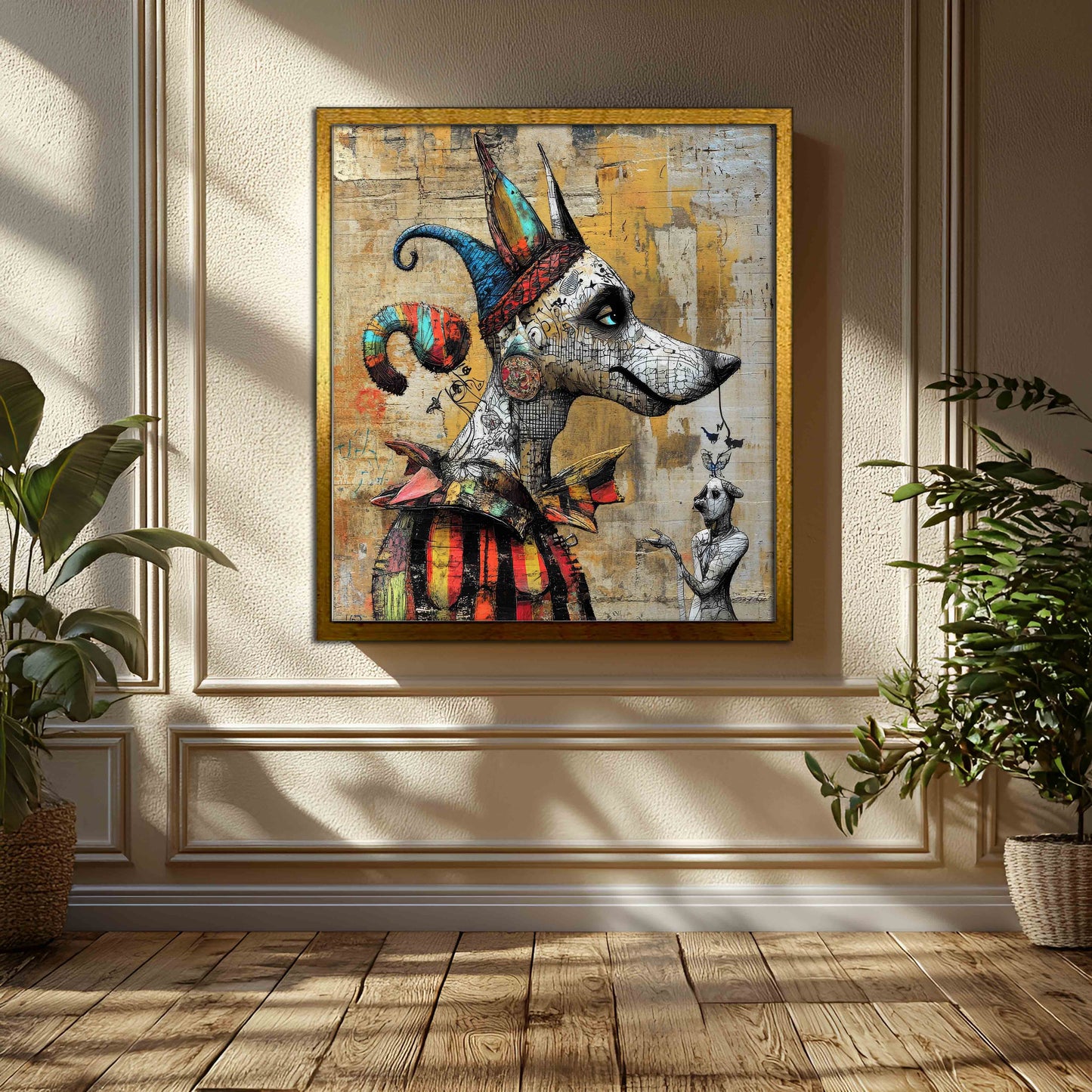Whimsical Graffiti Jester Dog Art Print - Urban Fantasy Wall Decor