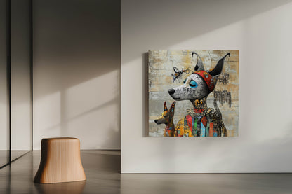 Whimsical Canine Duo: Mixed Media Street Art Portrait on Textured Wall