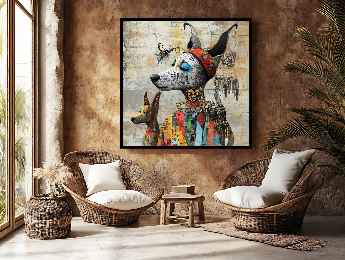 Whimsical Canine Duo: Mixed Media Street Art Portrait on Textured Wall