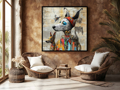 Whimsical Canine Duo: Mixed Media Street Art Portrait on Textured Wall