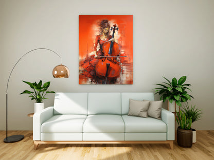 Fiery Cellist: Vibrant Red Abstract Oil Painting on Canvas