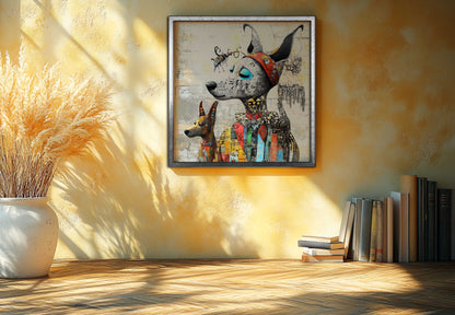 Whimsical Canine Duo: Mixed Media Street Art Portrait on Textured Wall