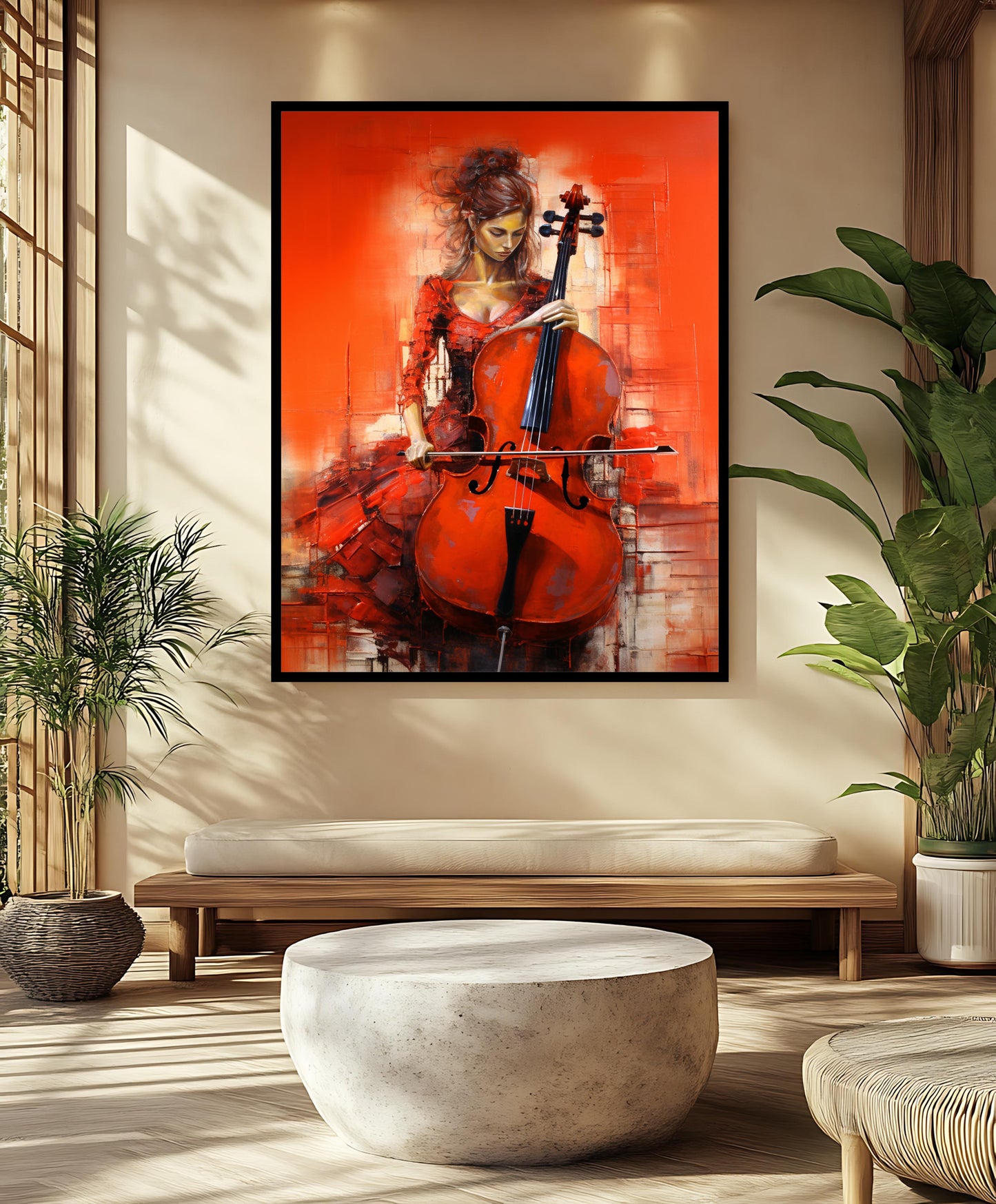 Fiery Cellist: Vibrant Red Abstract Oil Painting on Canvas