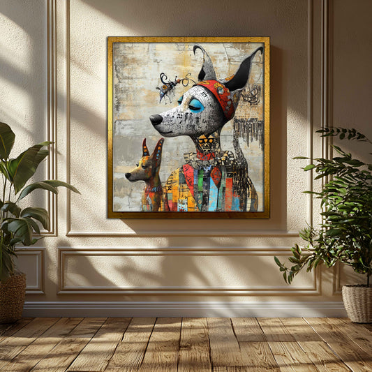 Whimsical Canine Duo: Mixed Media Street Art Portrait on Textured Wall