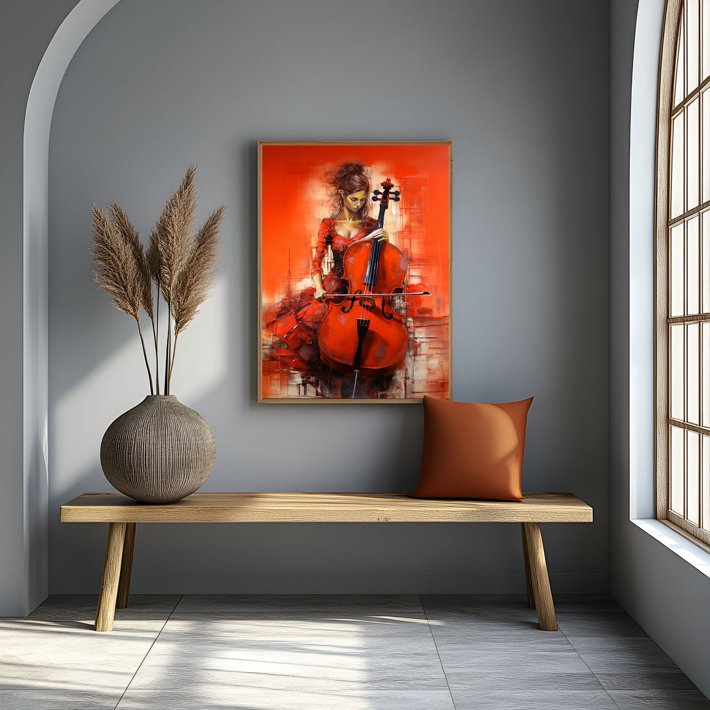 Fiery Cellist: Vibrant Red Abstract Oil Painting on Canvas
