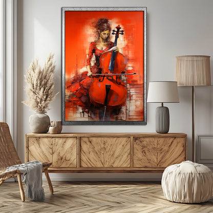 Fiery Cellist: Vibrant Red Abstract Oil Painting on Canvas