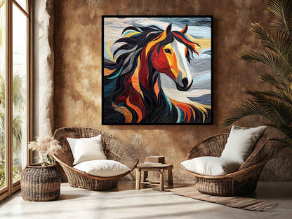 Fiery Mane: Artistic Appliqué & Quilted Horse Wall Hanging