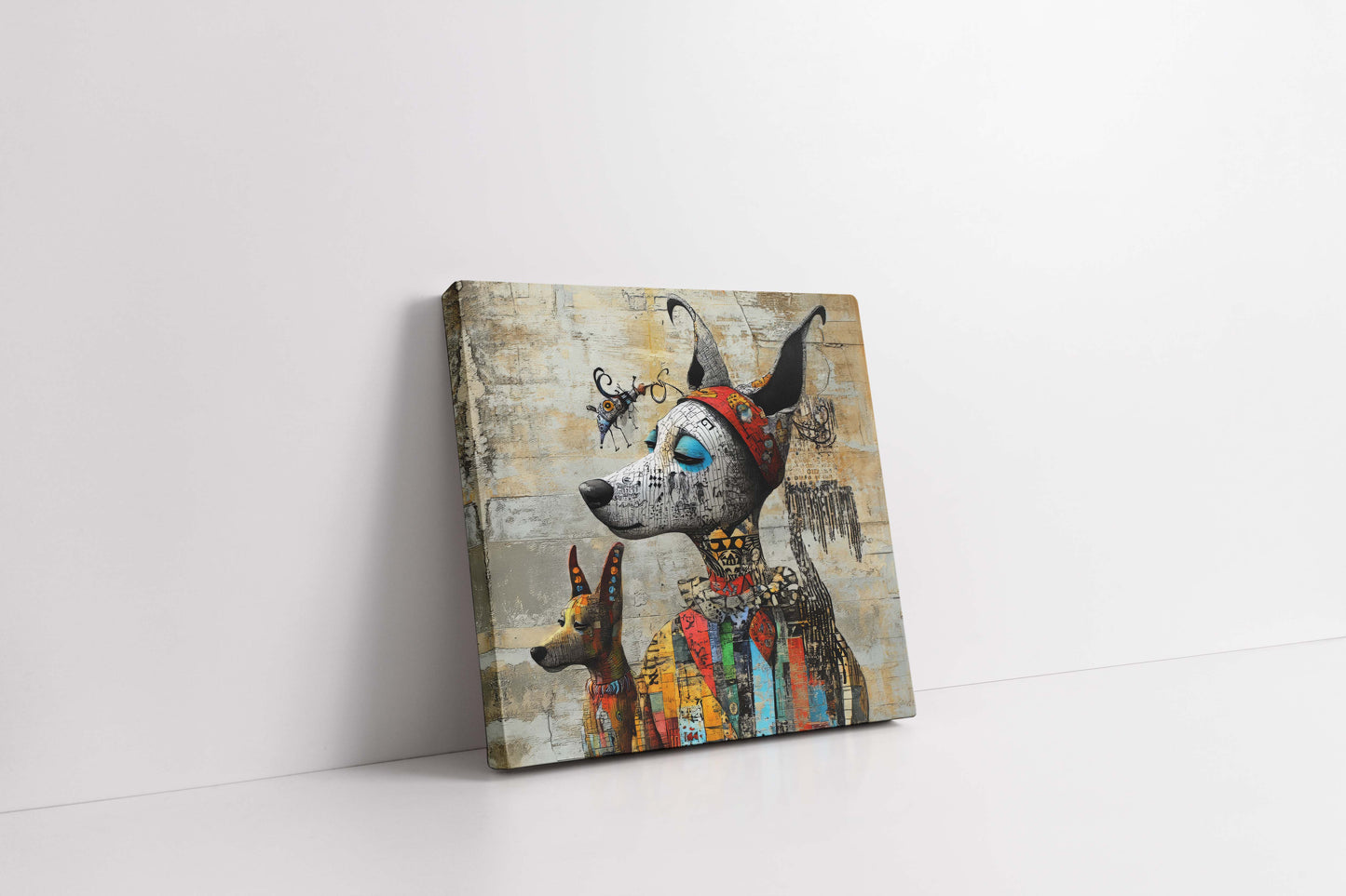 Whimsical Canine Duo: Mixed Media Street Art Portrait on Textured Wall