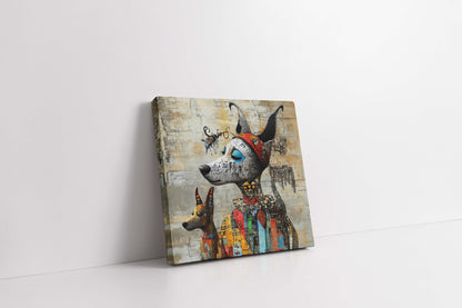 Whimsical Canine Duo: Mixed Media Street Art Portrait on Textured Wall