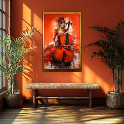 Fiery Cellist: Vibrant Red Abstract Oil Painting on Canvas