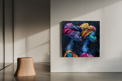 Textured Oil Painting: African Women with Vibrant Headwraps