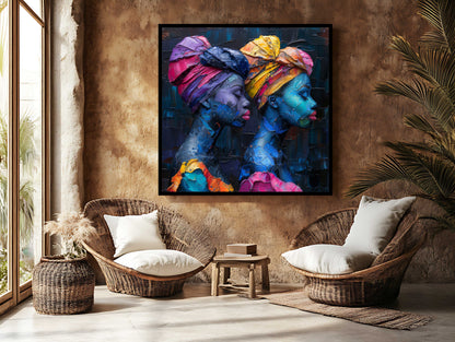 Textured Oil Painting: African Women with Vibrant Headwraps