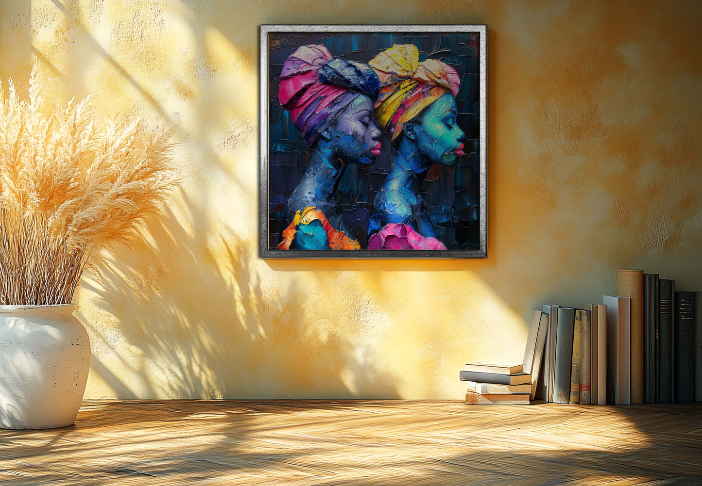 Textured Oil Painting: African Women with Vibrant Headwraps