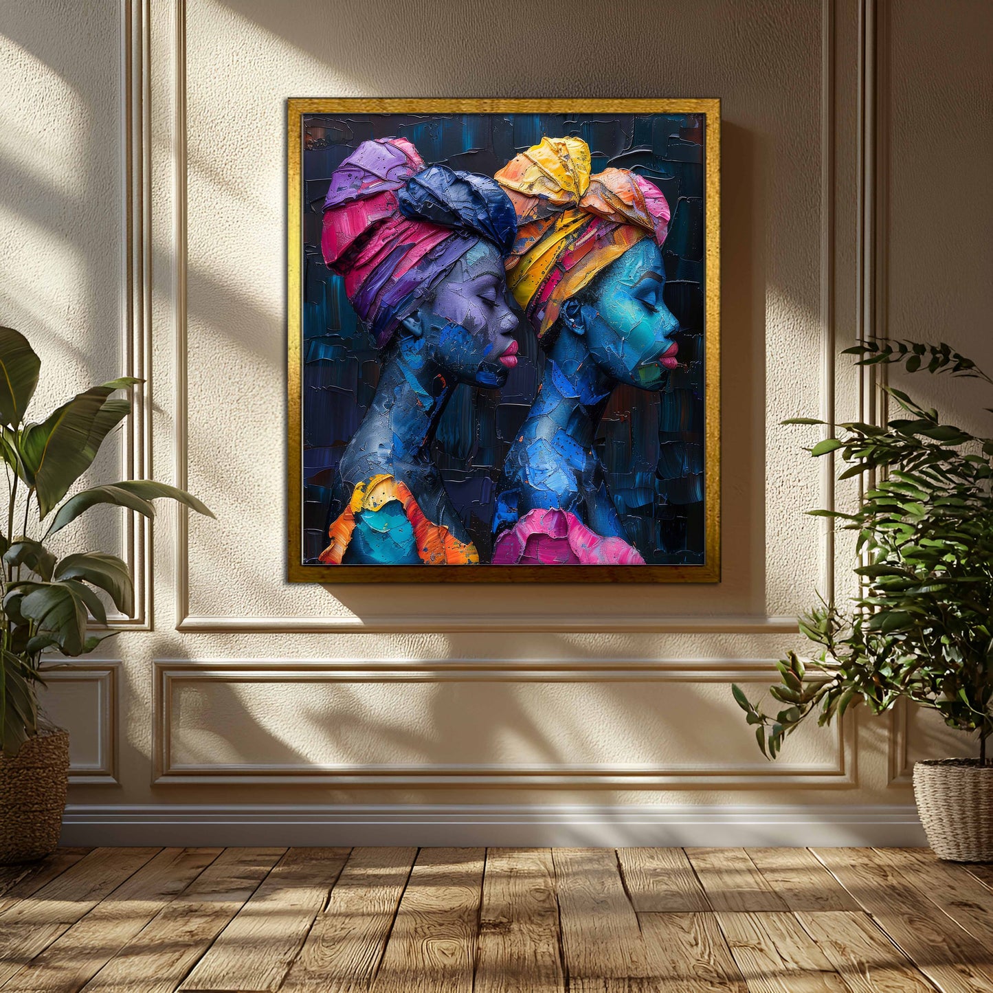 Textured Oil Painting: African Women with Vibrant Headwraps