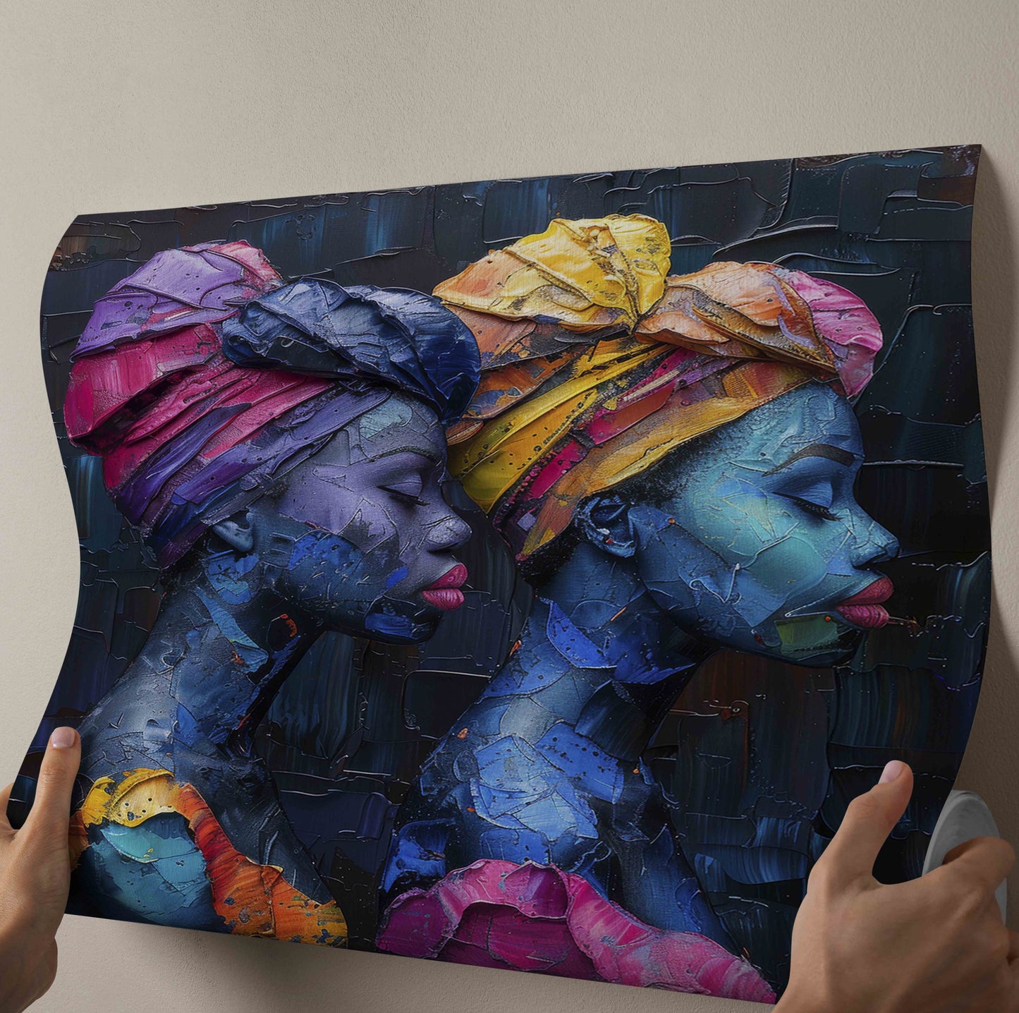 Textured Oil Painting: African Women with Vibrant Headwraps