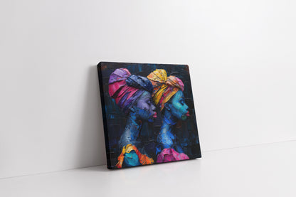 Textured Oil Painting: African Women with Vibrant Headwraps